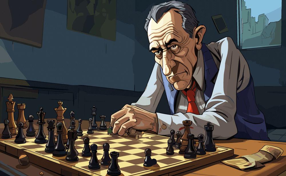 Drawn image of chess player at a board.