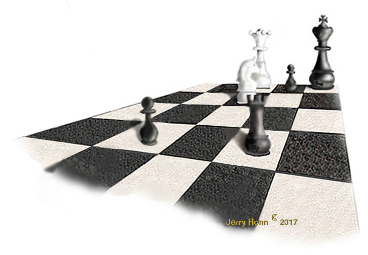 Endgame, original drawing of 3D chessmen in a checkmate pattern, &copy; Jerry Honn